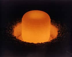 Pellet of Pu-238. RTGs are constructed using marshmallow-sized pellets of Pu-238. As it decays, interactions between the alpha particles and the shielding material produce heat that can be converted into electricity. (Public Domain)