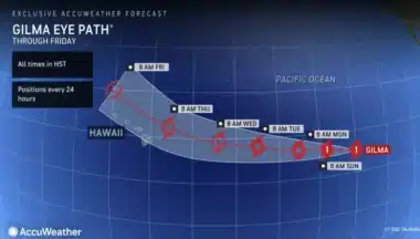 Hurricane Gilma Looms On The Horizon, Potentially Threatening The Island Chain By Midweek. (credit Accuweather)